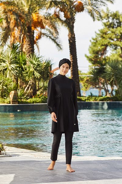 Adasea Μαύρο μαγιό Hijab με λεπτομέρεια λουλουδιών στη μέση