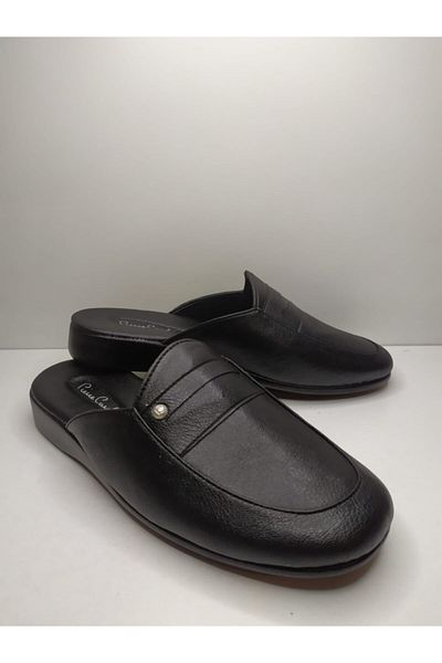 Pierre Cardin Ανδρικές μαύρες δερμάτινες παντόφλες με ένθετο προίκα γαμπρού
