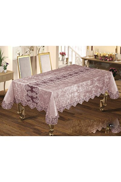 İDEAL TASARIM مفرش طاولة فيوليتا موديل مخملي واسع الحواف مزين بالدانتيل