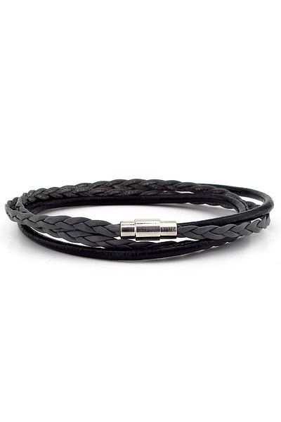 Solfera Men's Gray Black Two Row Wrap Hair Braid Leather Bracelet M008e