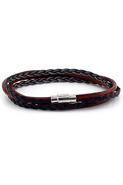 Solfera Men's Tan Black Two Row Wrapped Knitted Leather Bracelet M008c
