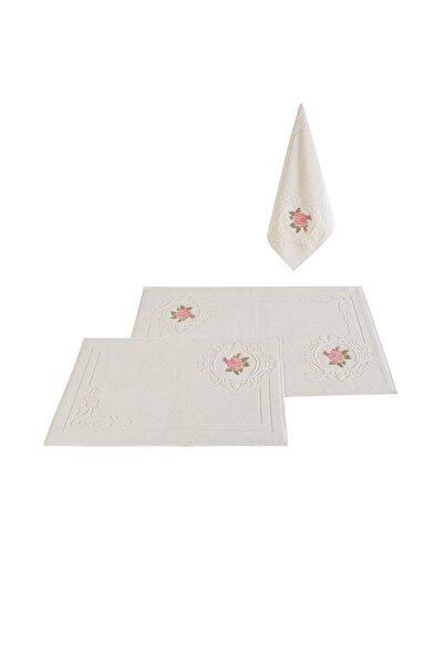 Nurpak Armina Nakışlı 3 Lü Banyo Paspas Seti Krem