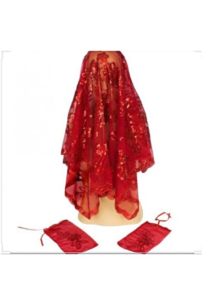 Halay Kına Kına Kırmızı Pullu Gelin Duvağı Kına Örtüsü + 2 Adet Kına Eldiven