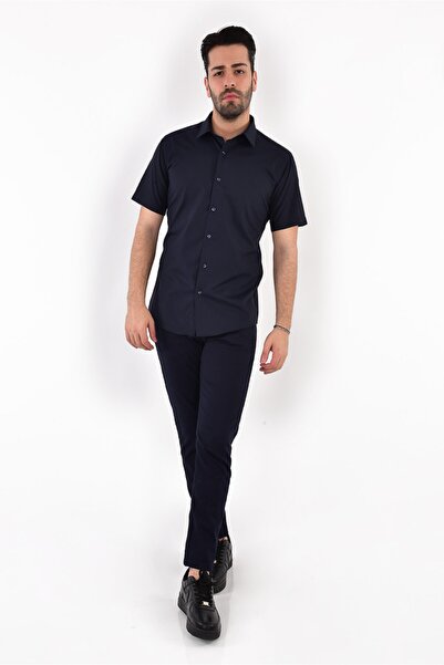 BZN Men's Navy Blue Plain Short Sleeve Slim Fit Shirt