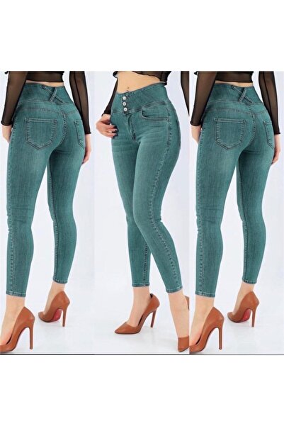 JANES Γυναικείο τζιν παντελόνι πράσινο ψηλόμεσο με τρία κουμπιά 90 cm