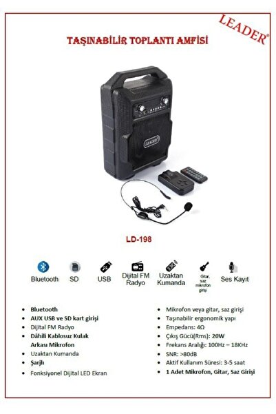 Leader Taşınabilir Toplantı Amfisi Usb Bluetooht Mikrofonlu Mevlit Hoparlörü Ld-198