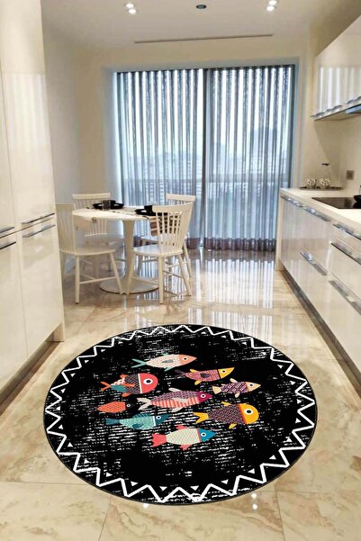 RugViva Siyah Kaymaz Tabanlı Makinede Yıkanabilir Balıklı Yuvarlak Halı Ar425