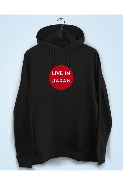 YEACHY Μαύρο ιαπωνικό σχέδιο Live In Japan Φούτερ με στάμπα με κουκούλα
