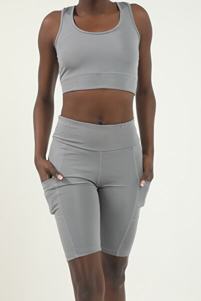 Grenj Fashion Gray High Waist Recovery Pocket Detailed Sports Biker Leggings