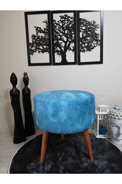 PufyHome Etna Düz Mavi Gürgen Ayaklı Çok Amaçlu Rahat Puf Koltuk