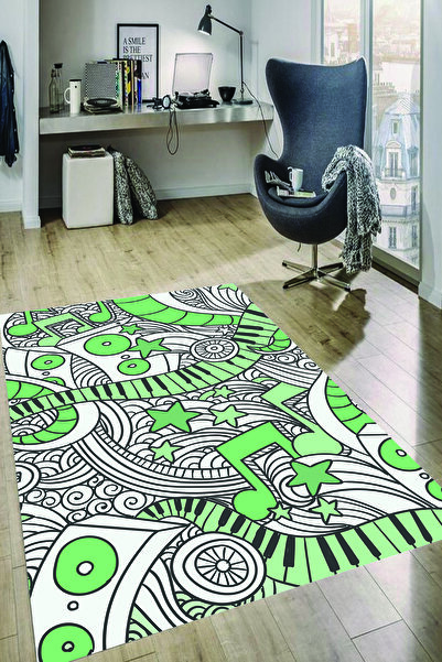 MODANOİVA Nota Ve Piyano Desenli Kaymaz Taban Yıkanabilir Halı