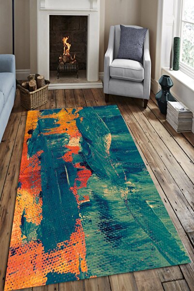 MODANOİVA Turuncu Zemin Mavi Fırça Darbeli Desenli Kaymaz Taban Yıkanabilir Halı