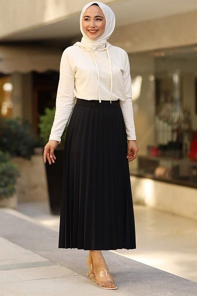 New Hera Fashion Γυναικεία μαύρη πλισέ μακριά φούστα