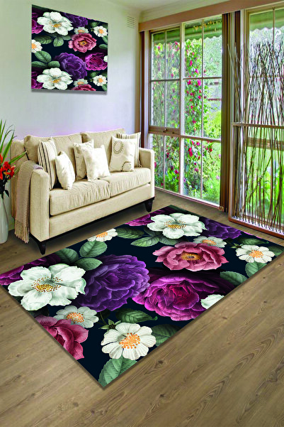 MODANOİVA Renkli Sanatsal Çiçek Desenli Kaymaz Taban Yıkanabilir Halı