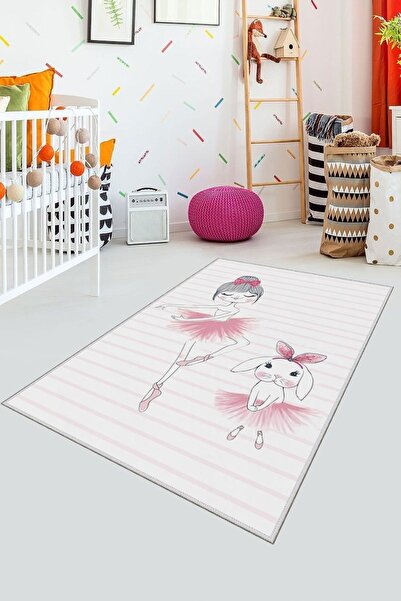 MODANOİVA Kaymaz Taban Yikanabilir Balerin Tavşan Ve Kız Desenli Dijital Baskılı Çocuk Halısı