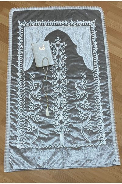AYHANHOME Gray Velvet Prayer Mat 3 Piece Dowry Bundle Bride Groom Set