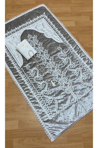 AYHANHOME Gray Velvet Prayer Mat 3 Piece Dowry Bundle Bride Groom Set