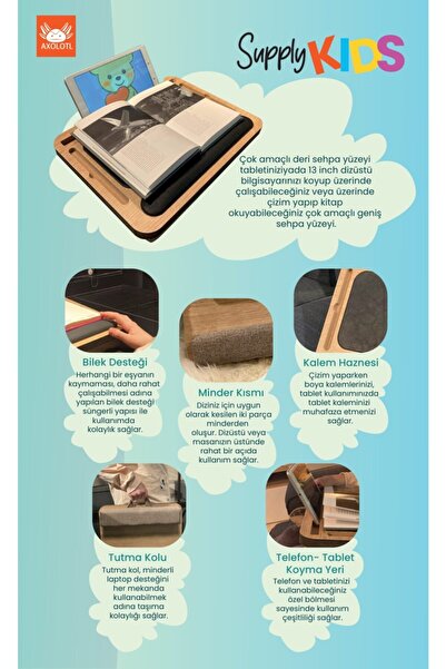 Axolotl Supply Kids Telefon Ve Tablet Bölmeli Minderli Laptop Sehpası 13" Inch