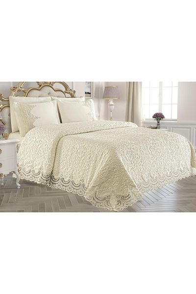 Sevda Home Collection Cream Double 6-Piece French Laced Lace Dowry Blanket Set