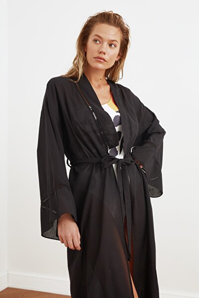 Trendyol Collection 100% Cotton Kimono & Kaftan with Black Belted Maxi Woven Stripe Accessories TBESS21KM0094
