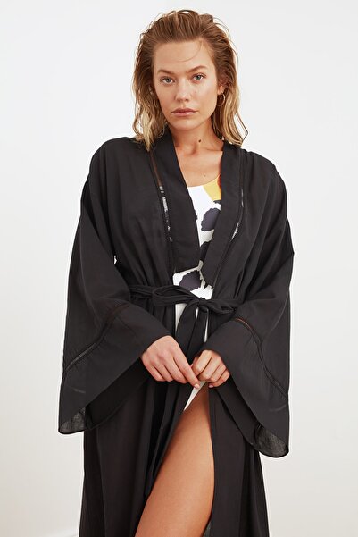 Trendyol Collection 100% Cotton Kimono & Kaftan with Black Belted Maxi Woven Stripe Accessories TBESS21KM0094