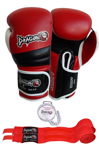 Dragondo Set of 6 Boxing Gloves, Kickboxing, Muay Thai Gloves, Bandages and Mouthguards, 3 Pieces