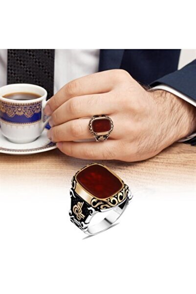 ALYANSEVİM Akik Kırmızı Taşlı Tuğra Desenli 925 Gümüş Erkek Yüzük