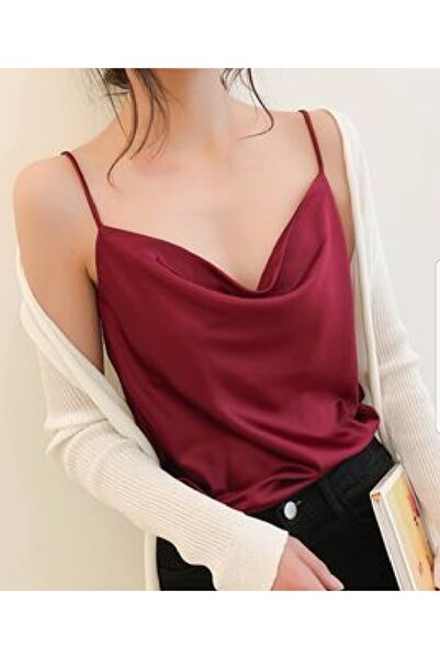 Dien Kadın Bordo Saten Degaje Yaka  Bluz