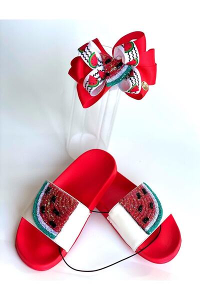 QUEEN AKSESUAR Girl's Summer Season Luxury Special Design Glittery Sequin Watermelon Slippers Set Bow Crown