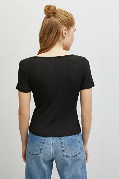 Koton Dámské černé tričko Crew Neck 0YAK13439EK