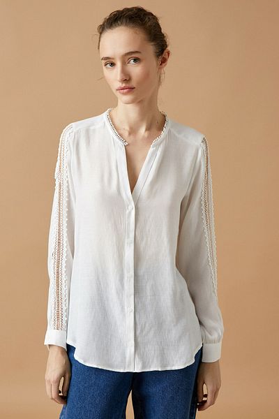 Koton Women's White V-Neck Lace Detailed Shirt