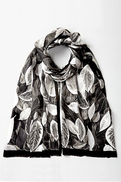 Galiga Leaves Black %100 Ipek Şal 65*185cm