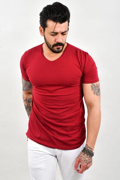 DeepSEA Мъжка тениска с V-образно деколте от бордо ликра - Slim Fit 1801165