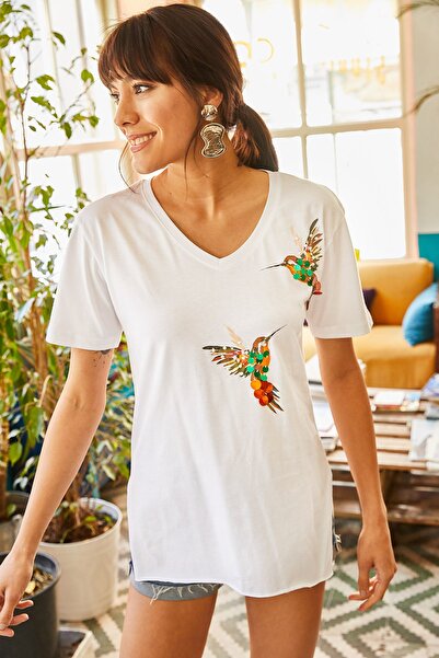 Olalook Γυναικείο T-Shirt με λευκές χάντρες με παγιέτες TSH-19000488