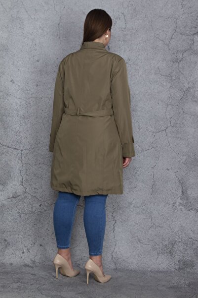 Şans Women's Large Size Khaki Front Buttoned Lined Trench Coat 65n23960