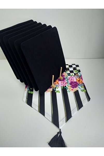 Ayşemce طقم مفارش أطباق مكون من 6 أطباق مربعة سوداء، عداء مربعات (نمط زهرة ماكنزي).