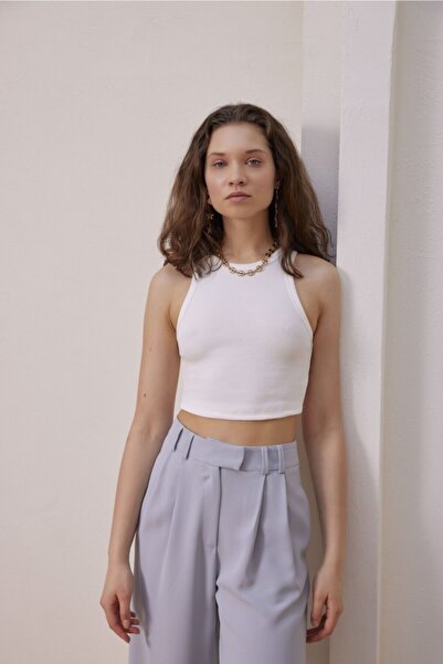 Newmission Kadın Beyaz Fitilli Halter Yaka Crop