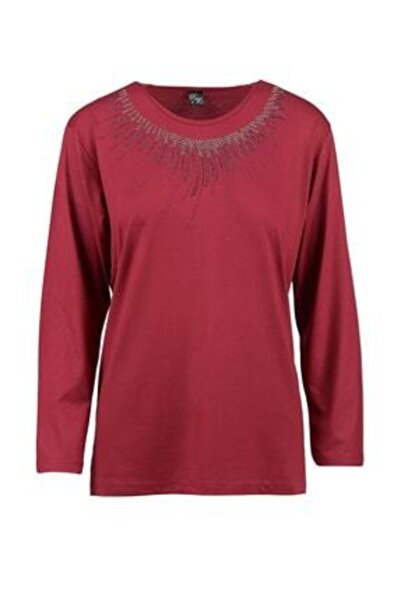 Nacar Büyük Beden Taşlı Anne Penye Bluz( Yaka Deseni Farklılık Gösterebilir )