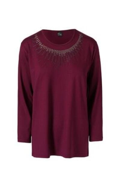 Nacar Büyük Beden Taşlı Anne Penye Bluz( Yaka Deseni Farklılık Gösterebilir )