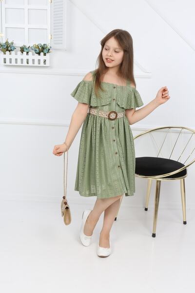 şımarık kids Belted All-over Buttoned Lace Dress with Bag