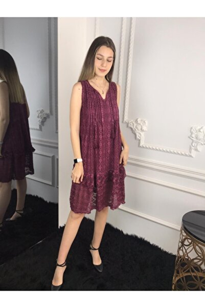 Bohemian Kadın Bordo Etek Ucu Fırfırlı Kolsuz Dantelli Elbise