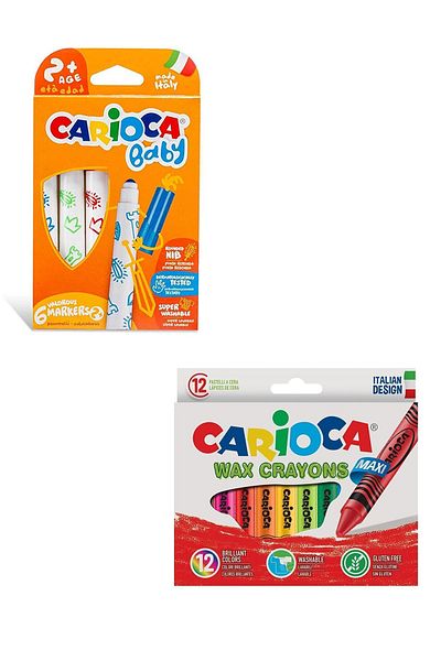 CARIOCA Wax Maxi Crayon and Baby 6-Piece Felt-Tip Pen That Doesn't Dirt Your Hands (Economical Set)