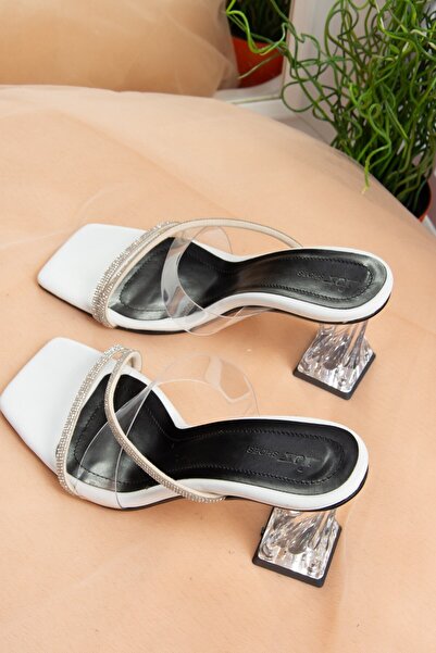 Fox Shoes Papuci cu toc din sticlă transparentă albă pentru femei K 404011323