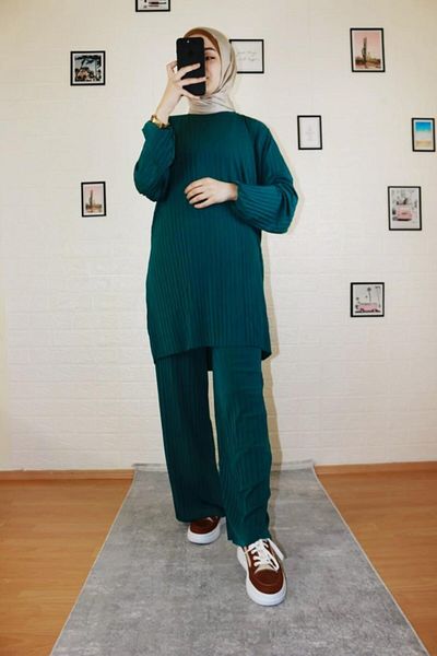 MODAMÜNASİP Women's Turquoise Pleated Trousers Set