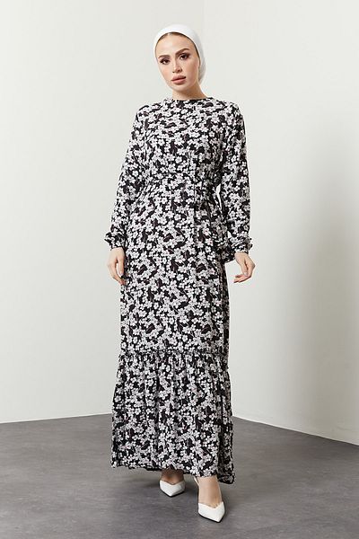 festmoda Women's Black Daisy Patterned Dress