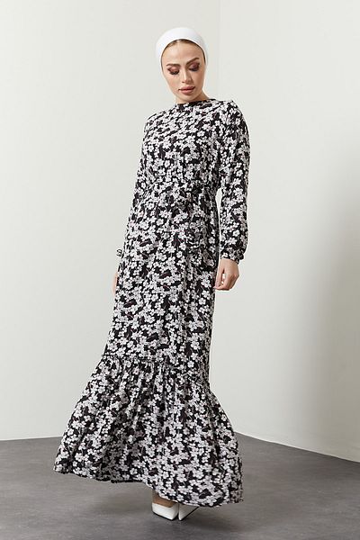 festmoda Women's Black Daisy Patterned Dress