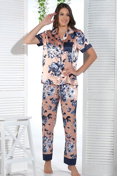 Sevim Costum de pijama cu nasturi din satin floral pentru femei 12716