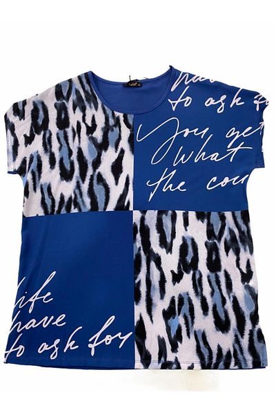 Elele Tricou de damă din bumbac pieptănat cu model leopard albastru