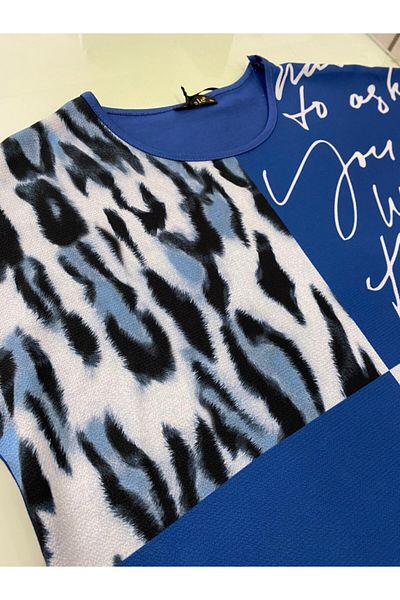 Elele Tricou de damă din bumbac pieptănat cu model leopard albastru