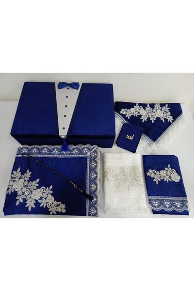 Lamazihome Kadife 7 Parça Lacivert Damat Fransız Güpür Sandıklı Seccade Takım...